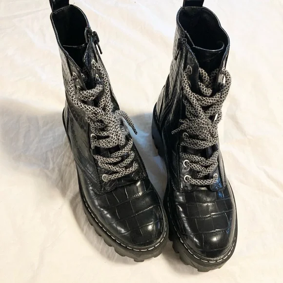 Zara black Faux leather imprint combat boots size 37 - Picture 2 of 6